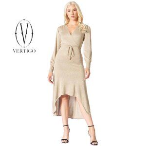 Vertigo, Surplice Neck Cold Shoulder Hi Lo Hem Dress, Gold Metallic, Sz M